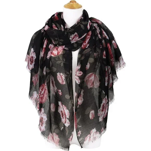 Women Black Fashion Flowers Print Scarves Winter Head Shawl Cotton Wrap - Picture 2 of 9